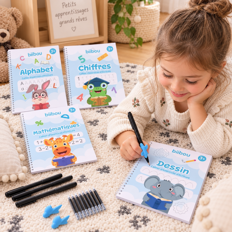 Coffret magique 4 cahiers – Alphabet, Chiffres, Maths & Dessin | biibou