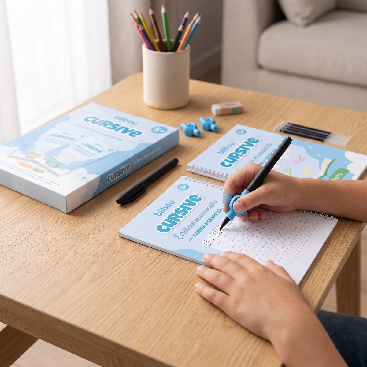 biibou — Cahier écriture cursive — Enfant écrivant